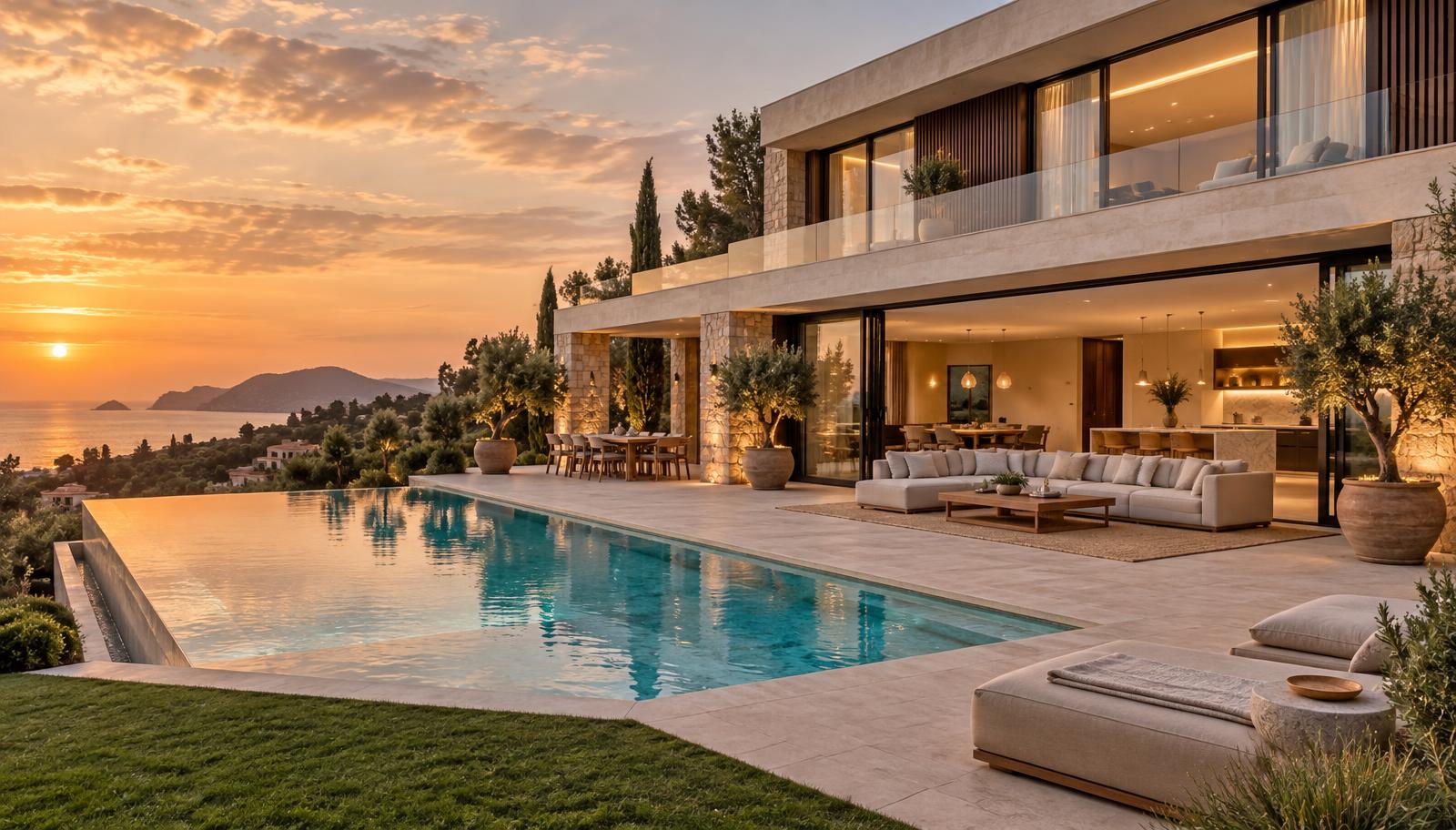 Refurbished large modern villa with a pool and furnished terrace on the south-west coast of Mallorca at sunset